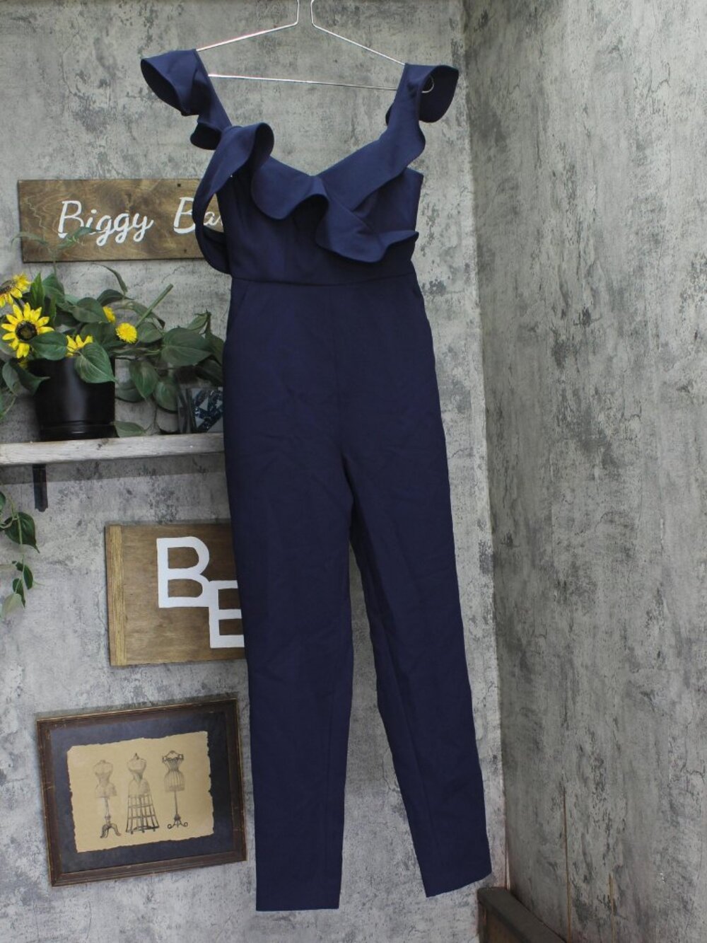 BCBGMAXAZRIA Cut Out One Shoulder Side Pocket Open Back Jumpsuit Dark Navy XS